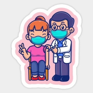 Cute Doctor Injecting Female Patient Cartoon Sticker